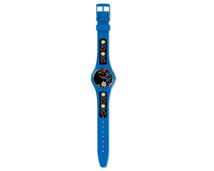 Swatch 瑞士你好系列腕表，1,900元。圖／Swatch提供（亮彩表帶玩花樣）