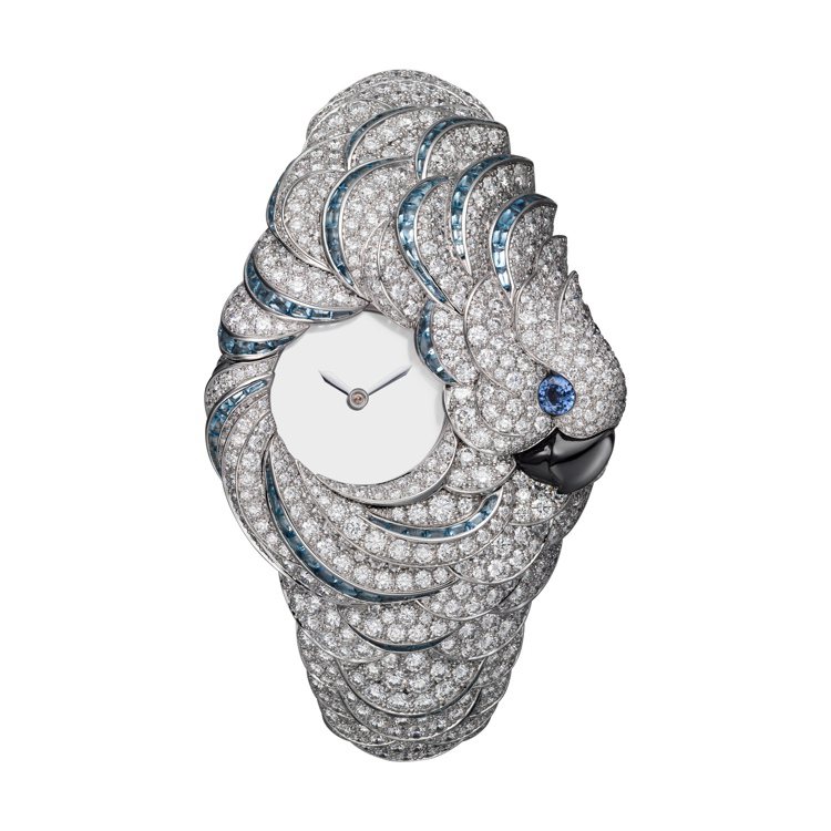 Ara Mysterieux鸚鵡神祕高級珠寶表，白K金，手動上鍊機芯，約3,830萬元。圖／卡地亞提供