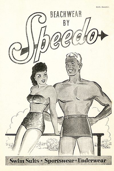 1946年比基尼問市，Speedo推出兩截式泳裝廣告，但以繪畫呈現。圖／Speedo提供