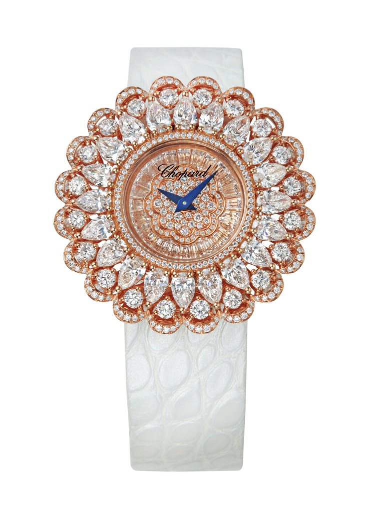 珍愛蕭邦系列腕表，18K玫瑰金材質，表盤鑲100顆1.35克拉鑽石，表圈鑲490顆9.13克拉鑽石，售價511萬1,000元。圖／蕭邦提供