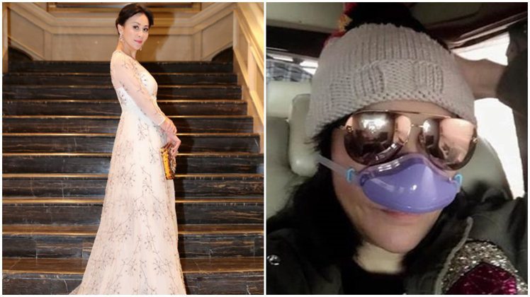 劉嘉玲為抗北京霧霾，戴上紫色鼻罩有如小丑鼻。圖／取自於微博