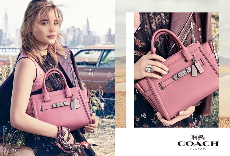 COACH New York形象廣告中的Swagger包款相當粉嫩。圖／COACH提供
