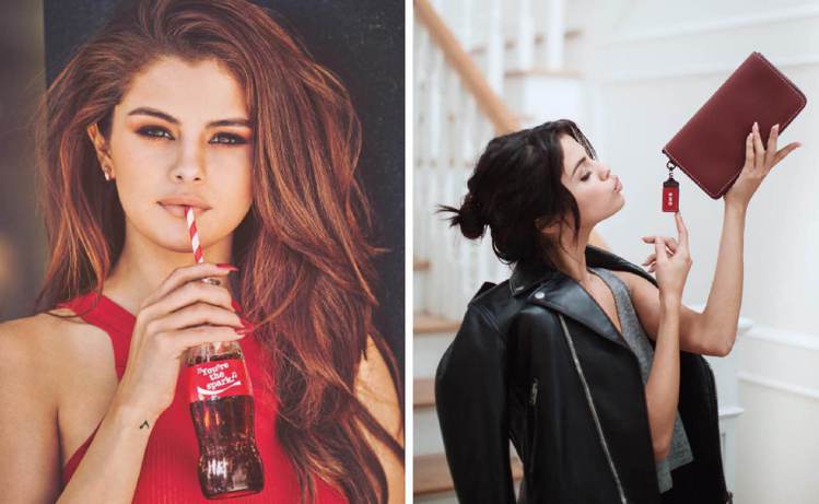 席琳娜戈梅茲一張喝可樂照片破IG點讚數紀錄（左圖），最近與Coach簽約成為代言人（右圖）。 圖／摘自Selena Gomez IG