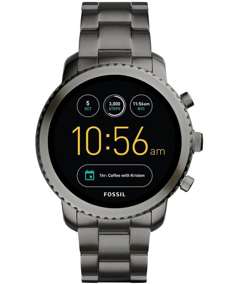 Fossil Q Explorist觸控式螢幕智慧腕表，煙灰色不鏽鋼表帶，價格未定。圖／Fossil提供