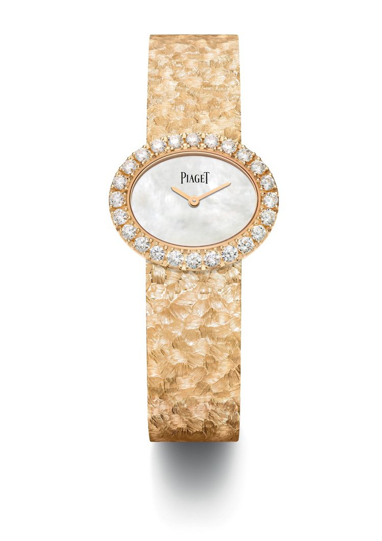 Extremely Lady 18K玫瑰金鑲鑽腕表，白色珍珠母貝表盤、18K玫瑰金毛皮狀飾紋工藝表帶、石英機芯，價格未定，將於伯爵專賣店獨家發售。圖／伯爵提供