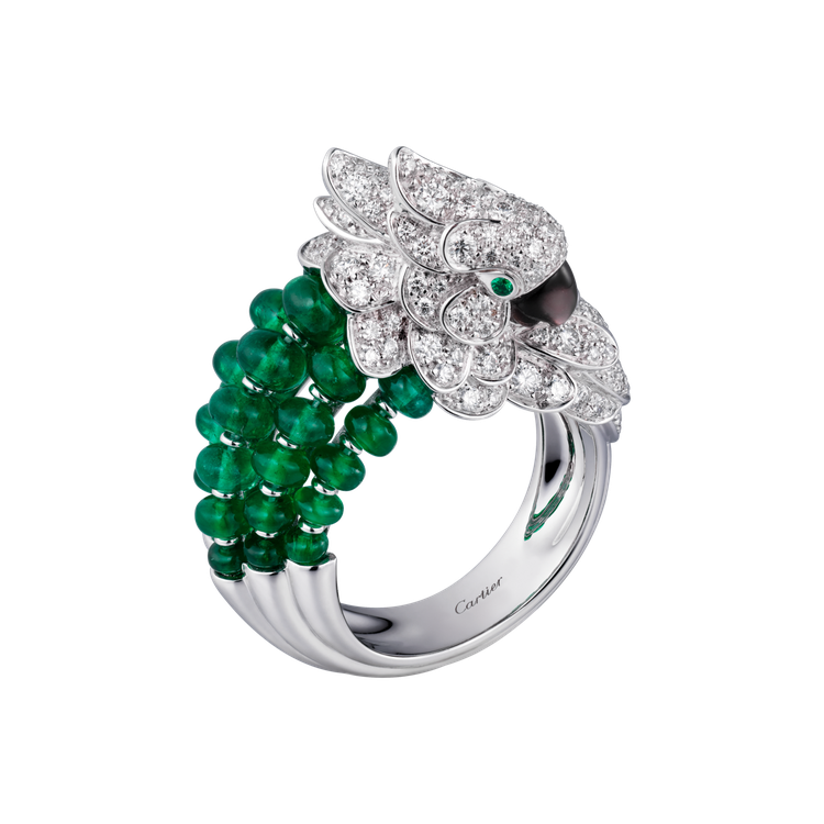 卡地亞頂級珠寶系列鸚鵡系列祖母綠戒指，237萬元。圖／卡地亞提供