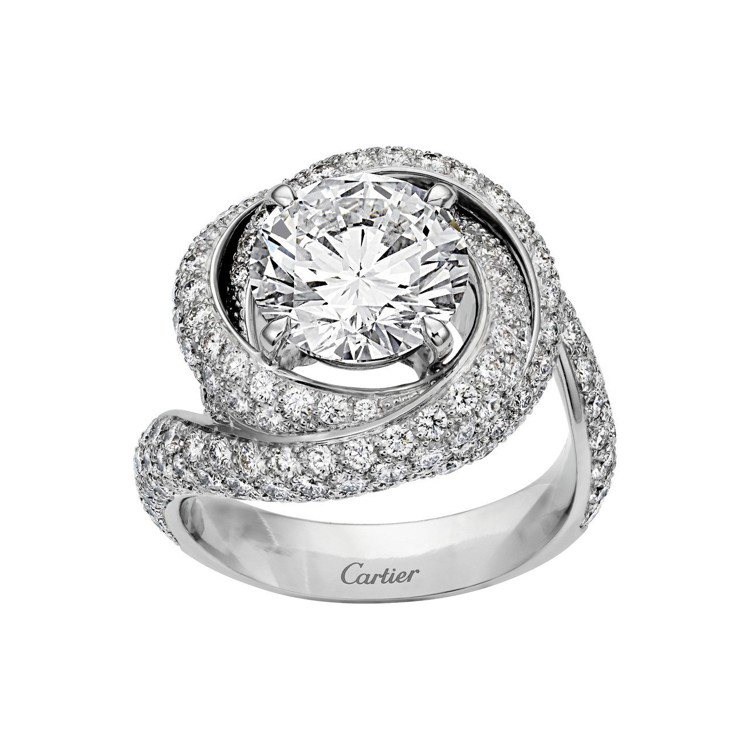 卡地亞Trinity Ruban單鑽戒指，鉑金鑲嵌一顆圓形明亮式切割鑽石，主石備有0.50至4.99克拉鑽石，鋪鑲圓形明亮式切割鑽石，約41萬元起。圖／Cartier提供