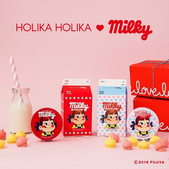 在HOLIKA HOLIKA X不二家Peko聯名彩妝系列中，最引人注目的就是牛奶盒包裝的兩款氣墊粉餅。圖／HOLIKA HOLIKA提供