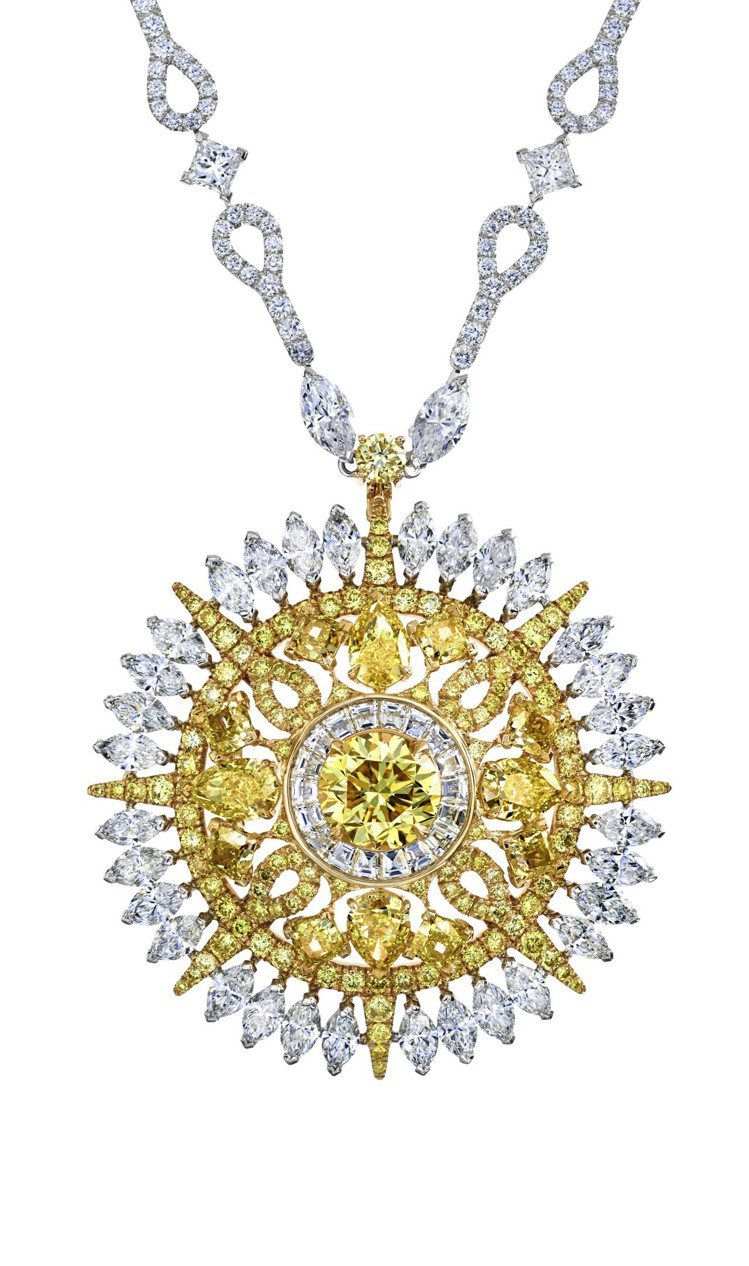 Diamond Legends by De Beers系列Ra高級珠寶鑽石項鍊，可變成胸針，主石為3.32克拉IF級圓形明亮式車工濃彩黃鑽，共511顆鑽石鑲嵌而成，約1,780萬元。圖／De Beers提供