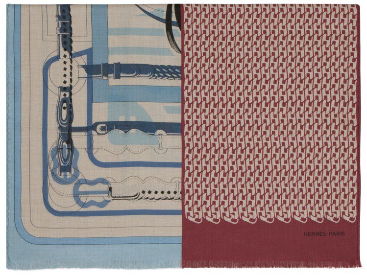 Imprimeur Fou系列Coaching與H Link圖紋拼接喀什米爾羊絨與真絲混紡圍巾，售價30,700元。圖／愛馬仕提供