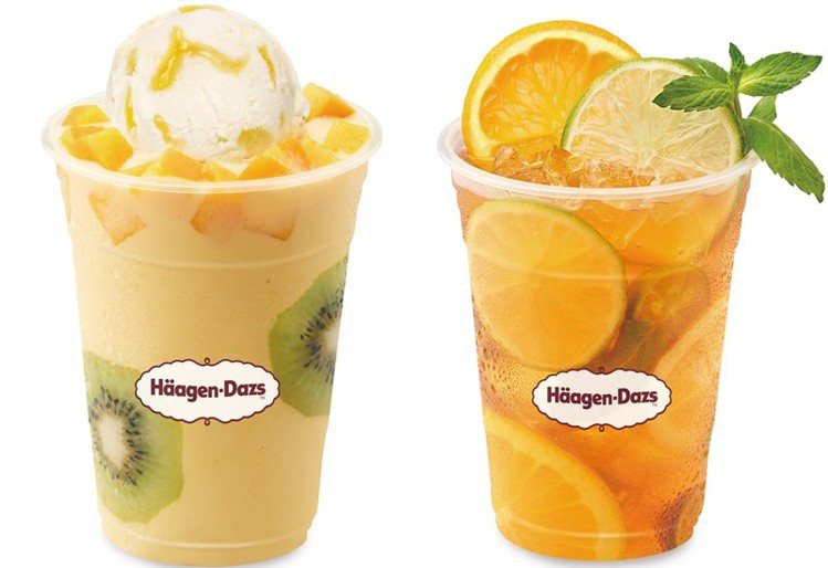 奇異綠洲(左)外帶售價265元、橙香冰茶(右)外帶售價180元。圖／Häagen-Dazs提供