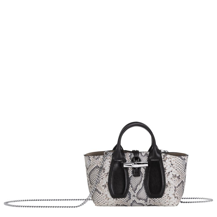 LONGCHAMP Roseau Python小型蟒蛇紋黑白手提包，售價21,000元。圖／LONGCHAMP提供