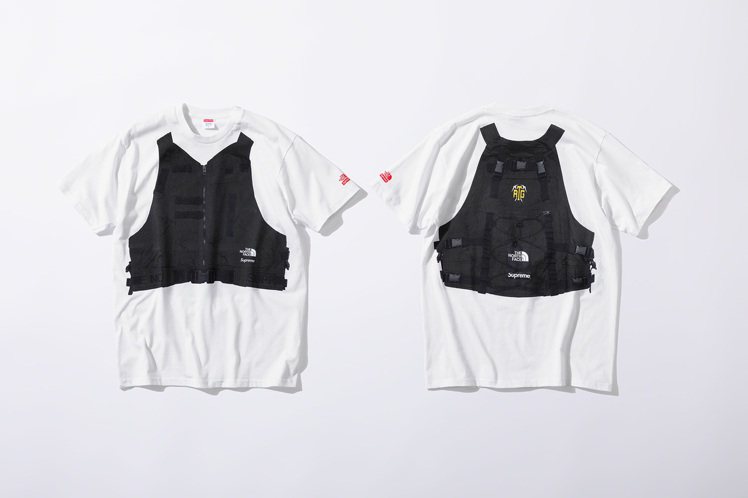 潮牌Supreme與The North Face聯名系列T恤印製機能背心（背包）的圖案。圖／摘自Supreme官網