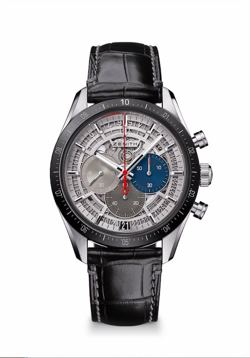ZENITH CHRONOMASTER 2腕表，42毫米鈦金屬表殼搭配黑色陶瓷表圈，34萬5,400元。圖／真力時提供