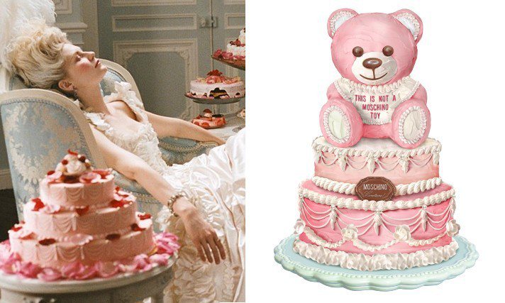 MOSCHINO 2020秋冬描繪「瑪麗安東尼皇后」細緻瑰麗的洛可可穿搭風，把泰迪熊做成蛋糕主題並印在各種服裝單品上。圖／MOSCHINO提供