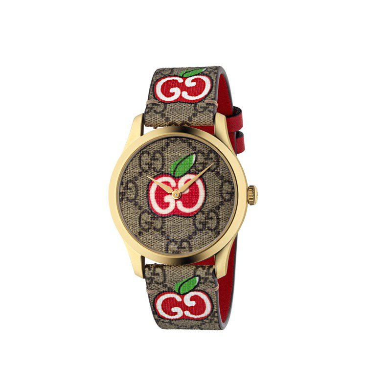 Gucci，G-Timeless 雙G蘋果印花腕表，38毫米，石英機芯，時間顯示，32,000元。圖 / GUCCI提供。