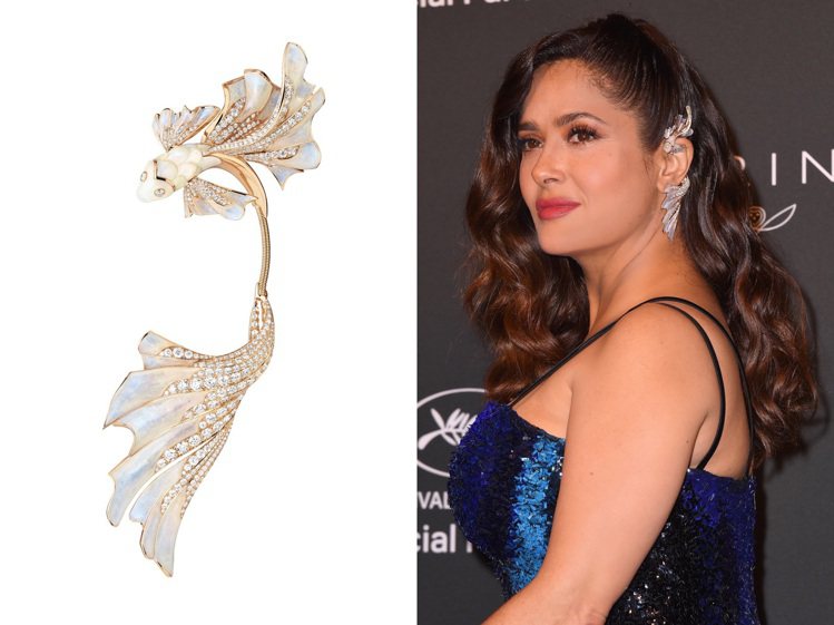 Salma Hayek耳畔的金魚造型高級珠寶耳飾，出自Boucheron本月甫發表的高級珠寶，並集鏤空琺瑯等三重金工工藝於一身，價格店洽。圖 / 寶詩龍提供（合成圖）。