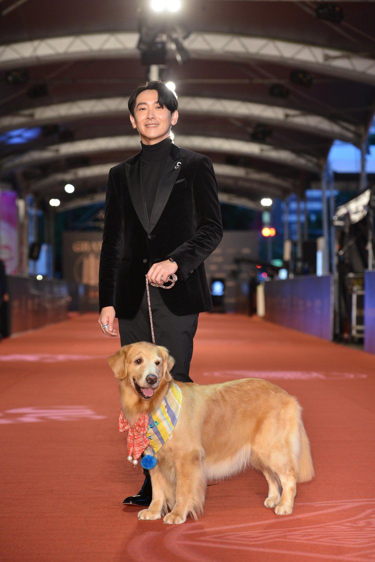 施名帥帶著劇中的黃金獵犬演員「歐瑞恩」一起現身金鐘獎。圖／三立電視提供
