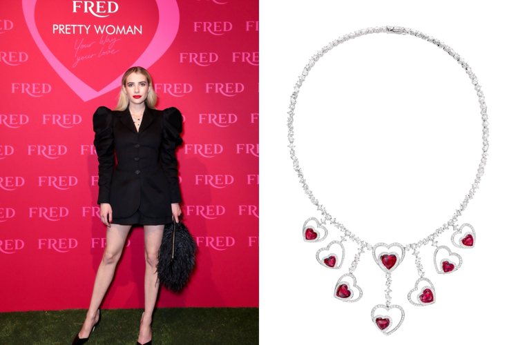 Pretty Woman系列代言人Emma Roberts穿戴Pretty Woman高級珠寶Audacious系列項鍊。圖／斐登提供