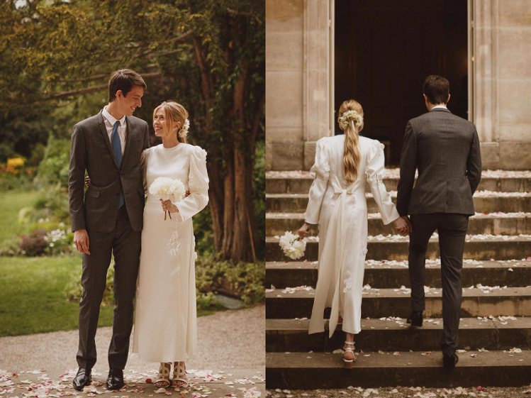 圖／微新聞提供 第一次婚禮時傑拉爾丁蓋約身穿設計師 Jonathan Anderson 設計的婚紗。Source:IG@alexandrearnault、@gguyot