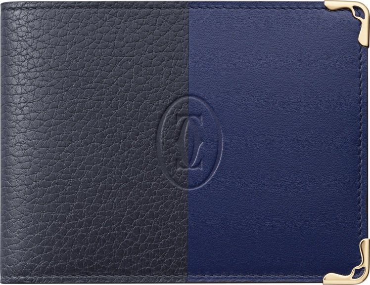 Must de Cartier皮夾，光滑及粒面拼接、藍色與青金石色小牛皮，約17,800元。圖／卡地亞提供