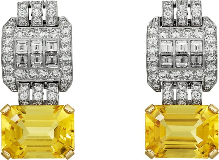 卡地亞頂級珠寶系列金綠柱石耳環，白K金與黃K金鑲嵌兩顆總重13.82克拉的長方形金綠柱石、長方形鑽石和明亮式切割鑽石。圖／卡地亞提供 孫曼