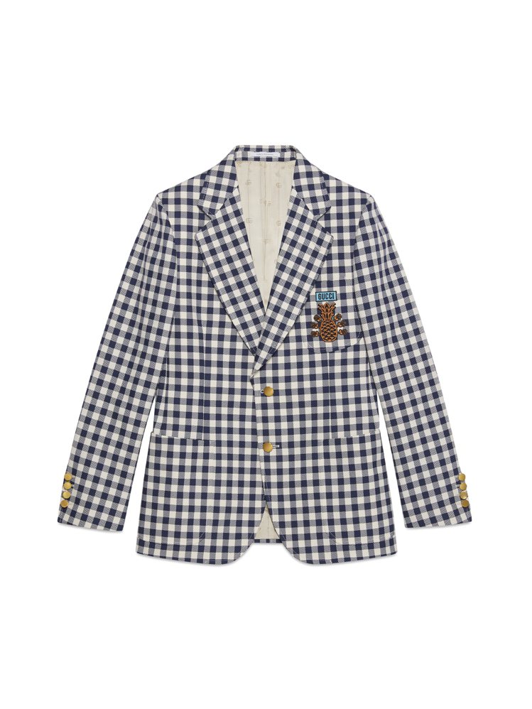 鳳梨系列鳳梨刺繡格紋西裝外套，74,500元。圖／GUCCI提供