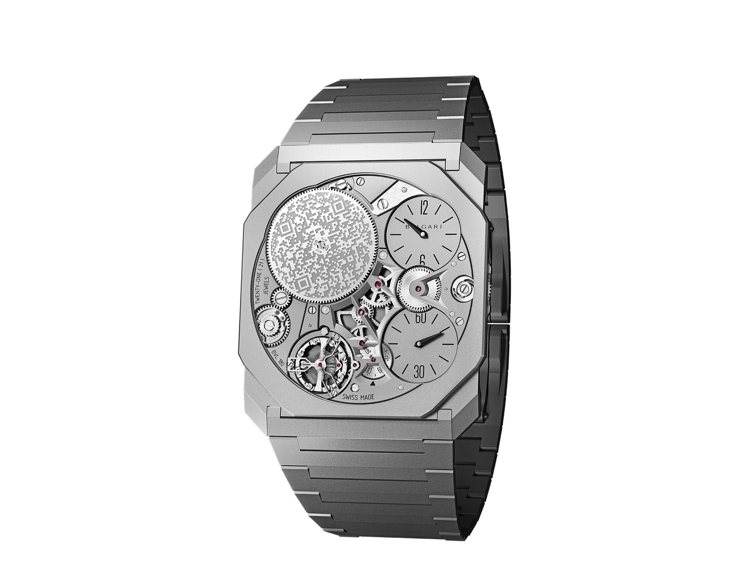 Octo Finissimo Ultra腕表，40毫米噴砂鈦金表殼搭配碳化鎢機板，價格店洽，限量發行10只。圖／寶格麗提供