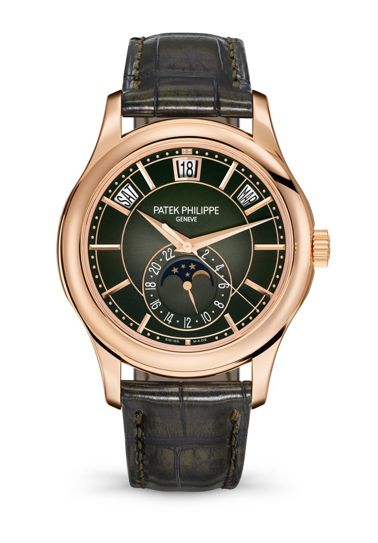 編號5205R-011玫瑰金自動年曆月相腕表，換上綠色漸變黑色面，162萬1,000元。圖／百達翡麗提供