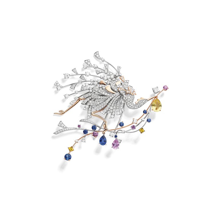 Les Ciels de Chaumet系列Parade 18K白金及玫瑰金胸針，鑲嵌彩色剛玉與鑽石，以抽象手法刻畫飛鳥，是風之格的展出作品。圖／CHAUMET提供