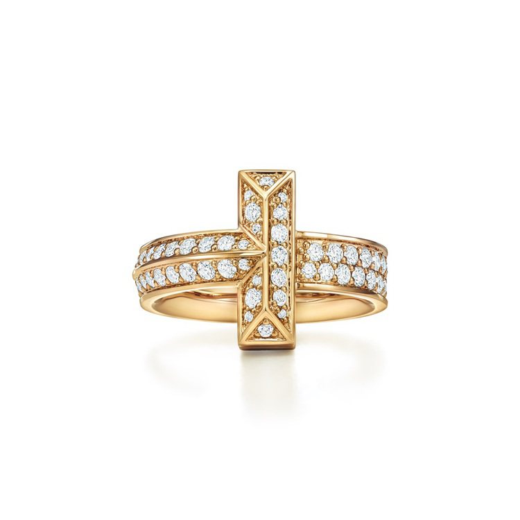 Tiffany T1 18K金寬版鋪鑲鑽石戒指，19萬8,000元。圖／Tiffany提供