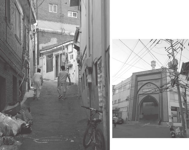 伊斯蘭社區的某條巷弄，穿著傳統服飾的少年與他的朋友（左）；梨泰院的清真寺（右）。（圖／游擊文化《翻轉首爾：叛民城市議題漫遊》）