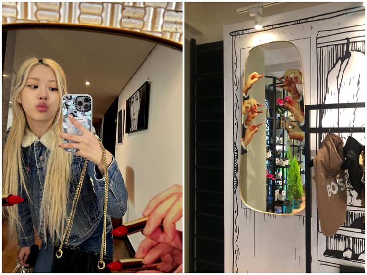 讓BLACKPINK團員Rosé愛用的歐洲設計師品牌Seletti連身鏡，已可於Club Corner公開，讓人有機會在鏡中與BLACKPINK「合體」，大秀巨星架勢。記者釋俊哲／攝影、圖／翻攝自 IG @ roses_are_rosie（合成圖）