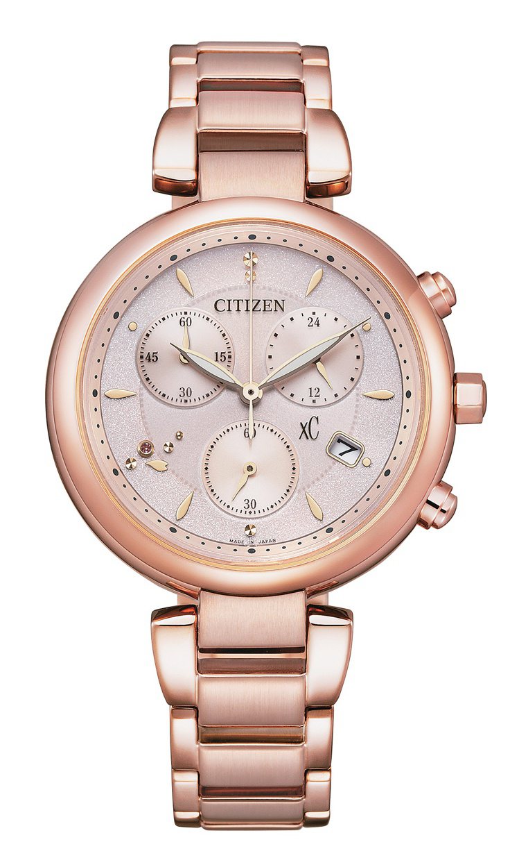 CITIZEN光動能FB1452-66W計時碼表，鍍粉紅金精鋼表殼與表鍊，22,800元。圖／CITIZEN提供