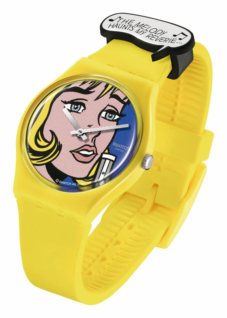 適逢李奇登斯坦100歲誕辰，SWATCH選出名作「白日幻想曲」成為黃藍撞色的鮮亮錶款。圖：SWATCH提供。