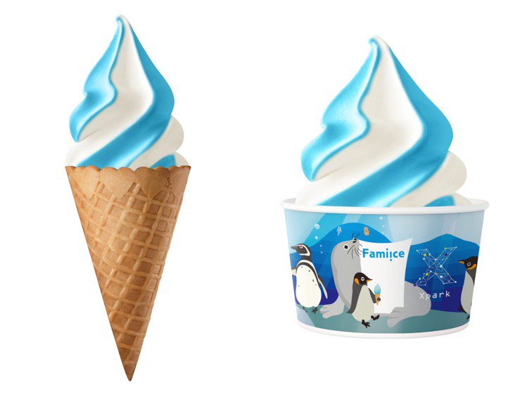 全家便利商店於6月5日起推出Fami!ce「嗨嗨蘇打霜淇淋」，綜合口味搭配「小農牛奶霜淇淋」，超夢幻霜淇淋配色呈現海洋的湛藍與浪花的白。圖／全家便利商店提供