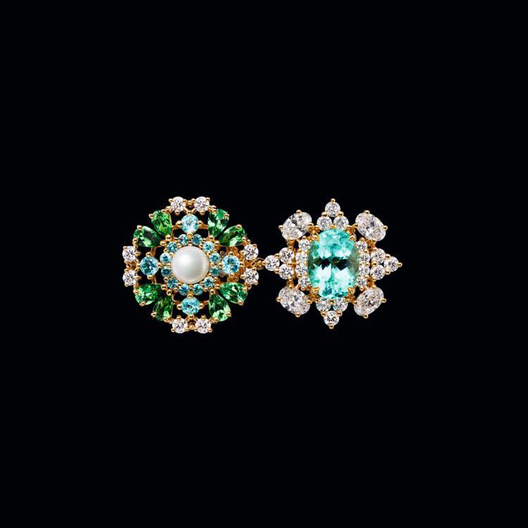 Dior全新Les Jardins de la Couture高級珠寶系列Galon Fleuri帕拉伊巴碧璽戒指，18K瑰金鑲嵌帕拉伊巴碧璽主石2.68克拉、鑽石、沙弗萊石、珍珠。圖／Dior提供