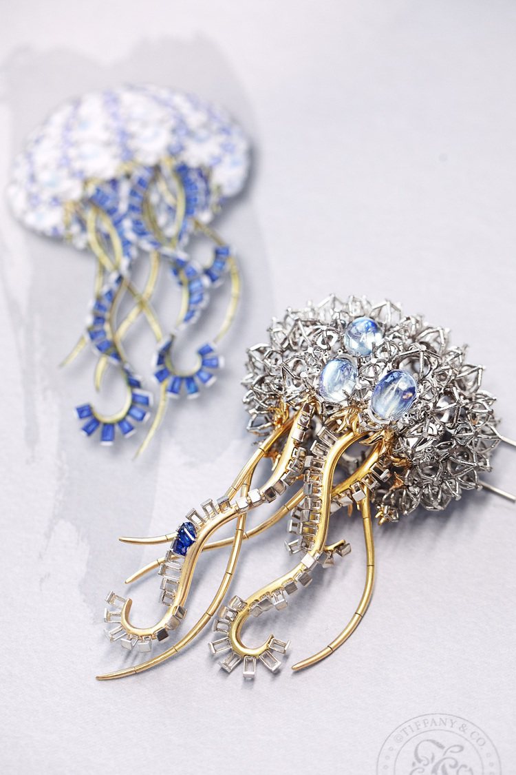 Tiffany 2023 Blue Book幻海秘境系列水母綺想主題項鍊，鉑金與18K金鑲嵌藍寶石、丹泉石、月光石與鑽石。圖／Tiffany提供