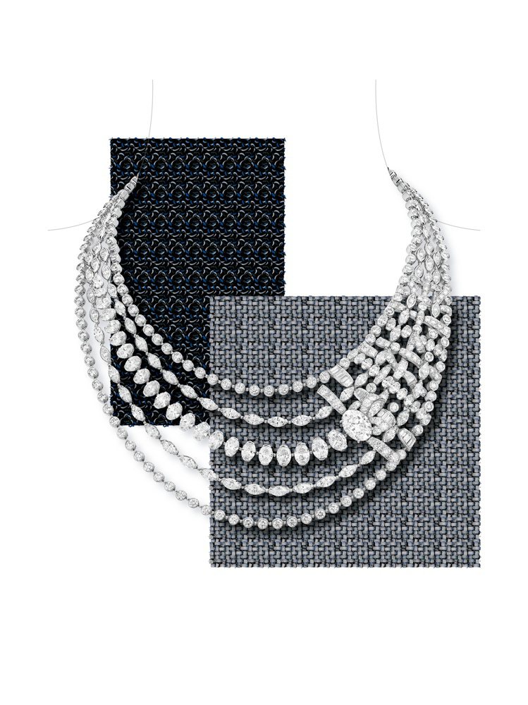 由五條鑽鍊組成的Tweed Mademoiselle項鍊為獨一無二之作，白金鑲嵌鑽石，主鑽為一顆重約5.01克拉D FL橢圓形切割鑽石，約8,853萬4,000元。圖／香奈兒提供
