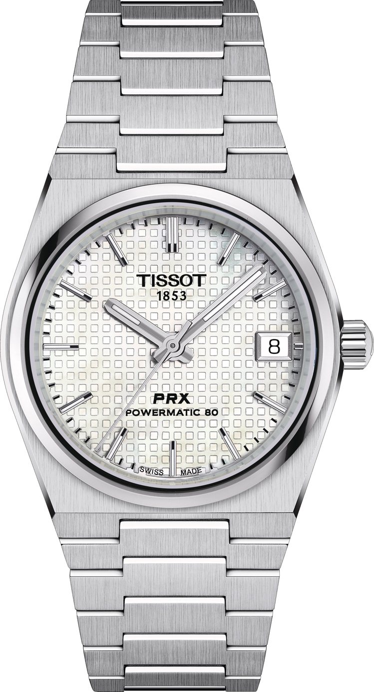 TISSOT PRX系列35毫米表徑自動上鍊腕表，精鋼表殼與表鍊，搭配珍珠母貝表盤，約23,200元。圖／TISSOT提供