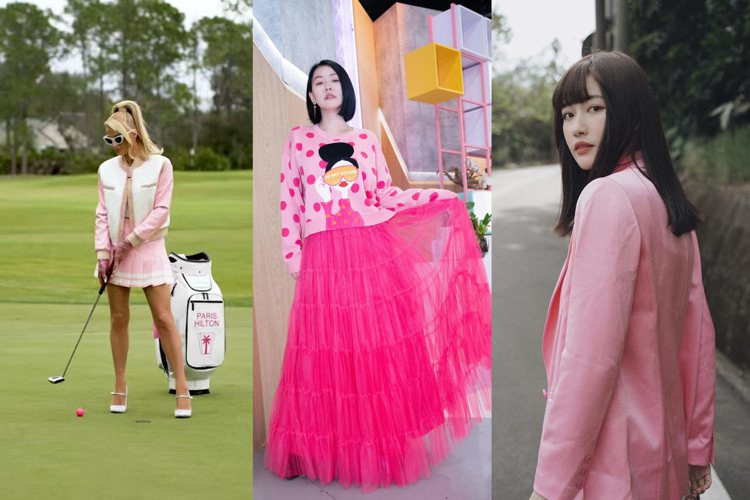 呼應芭比風潮，名媛Paris Hilton（左）、小S徐熙娣（中）和女星梁以辰（右），分別以不同風格的粉紅單品，搭配出搶眼造型。圖／摘自facebook、instagram