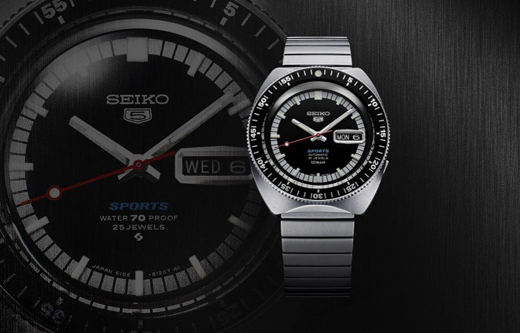 順應消費者期待，Seiko 5 Sports 55周年復刻限定腕表，將初代版的5號盾形Logo重現於表盤的12點鐘位置。圖／Seiko提供