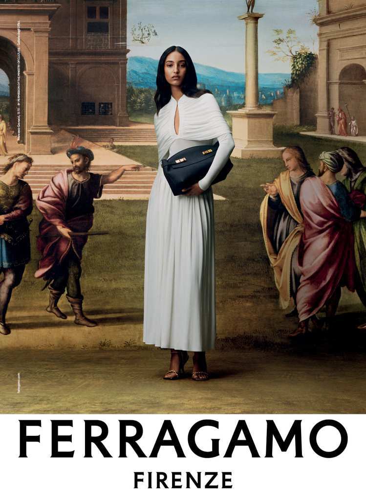 此FERRAGAMO秋冬形象照背景為Francesco Granacci名作《Joseph Going to Prison》，圖片由義大利文化部及烏菲茲美術館授權。圖／FERRAGAMO提供