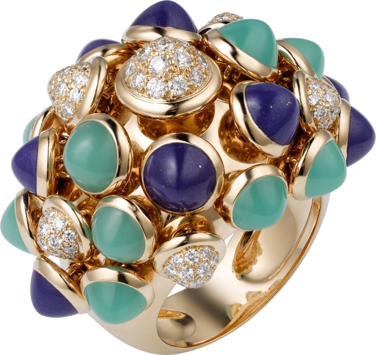 使用黃金、青金石、綠玉髓、鑽石的Paris Nouvelle Vague L'Espiègle戒指，靈感來自巴黎的街景與夜色。圖／Cartier提供