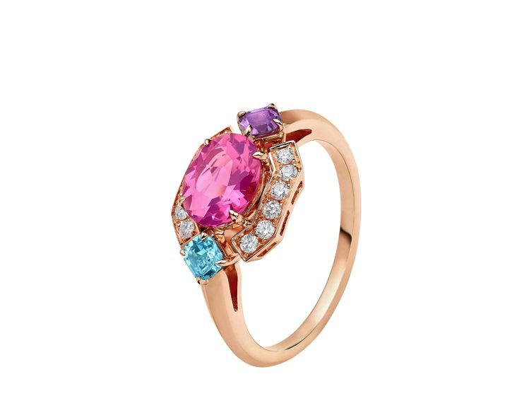 BVLGARI Allegra系列彩寶與鑽石戒指，玫瑰金鑲嵌粉紅碧璽、紫水晶、藍色拓帕石、鑽石，價格店洽。圖／寶格麗提供