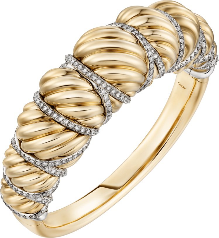Cartier Libre-Tressage系列鑽石手環，黃K金與鉑金鑲嵌鑽石，273萬元。圖／卡地亞提供