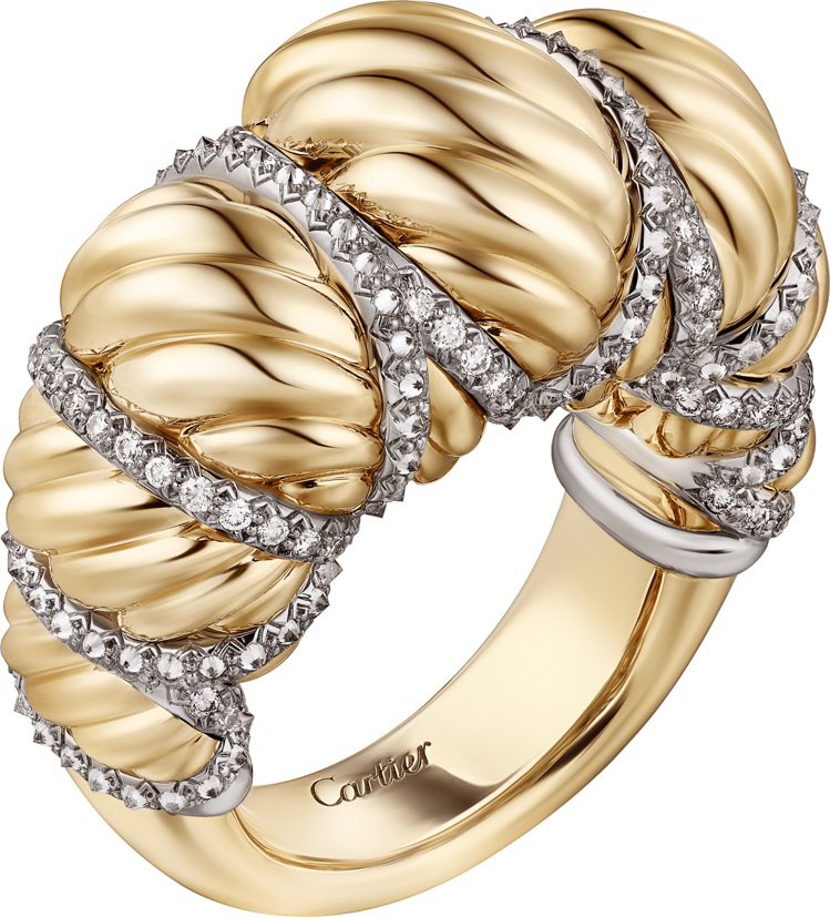 Cartier Libre-Tressage系列鑽石戒指，黃K金與鉑金鑲嵌鑽石，99萬5,000元。圖／卡地亞提供