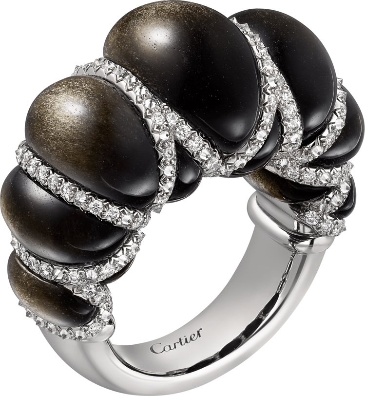 Cartier Libre-Tressage系列黑曜石戒指，鉑金鑲嵌黑曜石與鑽石，約133萬元。圖／卡地亞提供