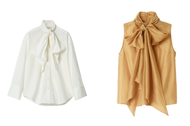 H&M秋冬系列領口綁帶加大碼襯衫（左）1,299元、領口綁帶透膚女衫（右）699元。圖／H&M提供