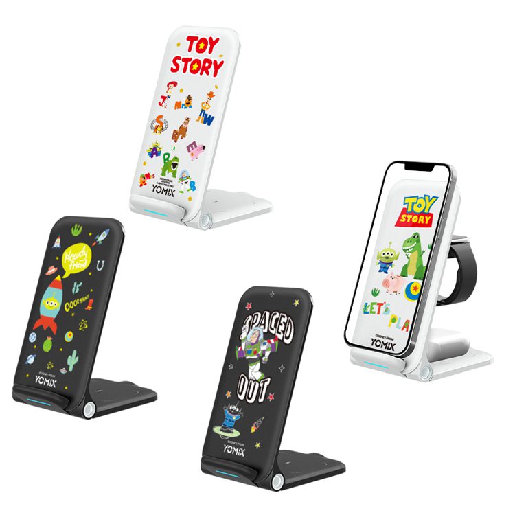 momo購物網即日起至11月30日推出「iPhone15配件大賞」，「YOMIX優迷迪士尼玩具總動員15W三合一快充無線充電座（三眼怪／抱抱龍／巴斯）」每款活動價1,099元。圖／momo購物網提供